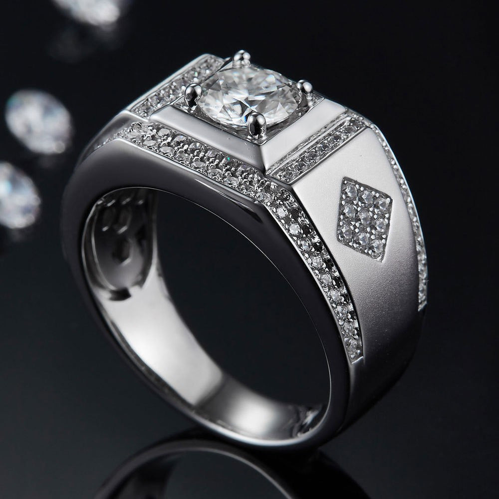 One Carat Row Diamond Moissanite 925 Silver Men'S Wedding Ring