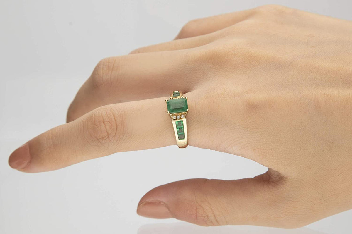 10K Yellow Gold Natural Zambian Emerald Ring with Natural Diamonds for Women | E