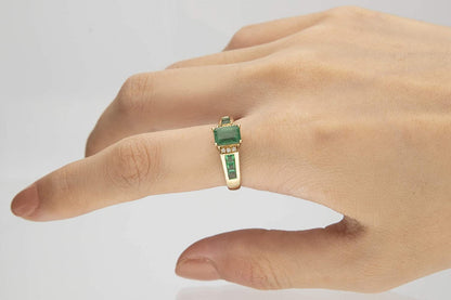 10K Yellow Gold Natural Zambian Emerald Ring with Natural Diamonds for Women | E