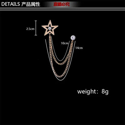New Crystal Pentagram Brooch Pin Fashion Tassel Chains Suit Shirt Badge Collar L