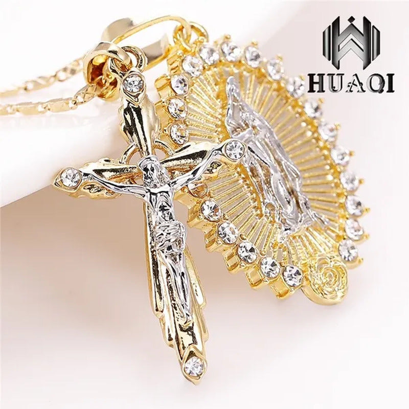 New Fashion18K Gold Plated Setting CZ Diamond Virgin Mary Necklace + Cross Neckl