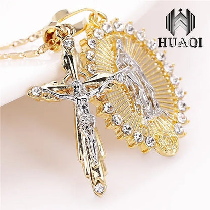 New Fashion18K Gold Plated Setting CZ Diamond Virgin Mary Necklace + Cross Neckl