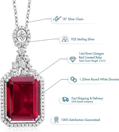 925 Sterling Silver Red Created Ruby Pendant Necklace for Women (5.60 Cttw, Emer