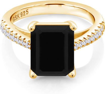Black Onyx White Created Sapphire 18K Yellow Gold Plated Silver Ring (3.39 Cttw,