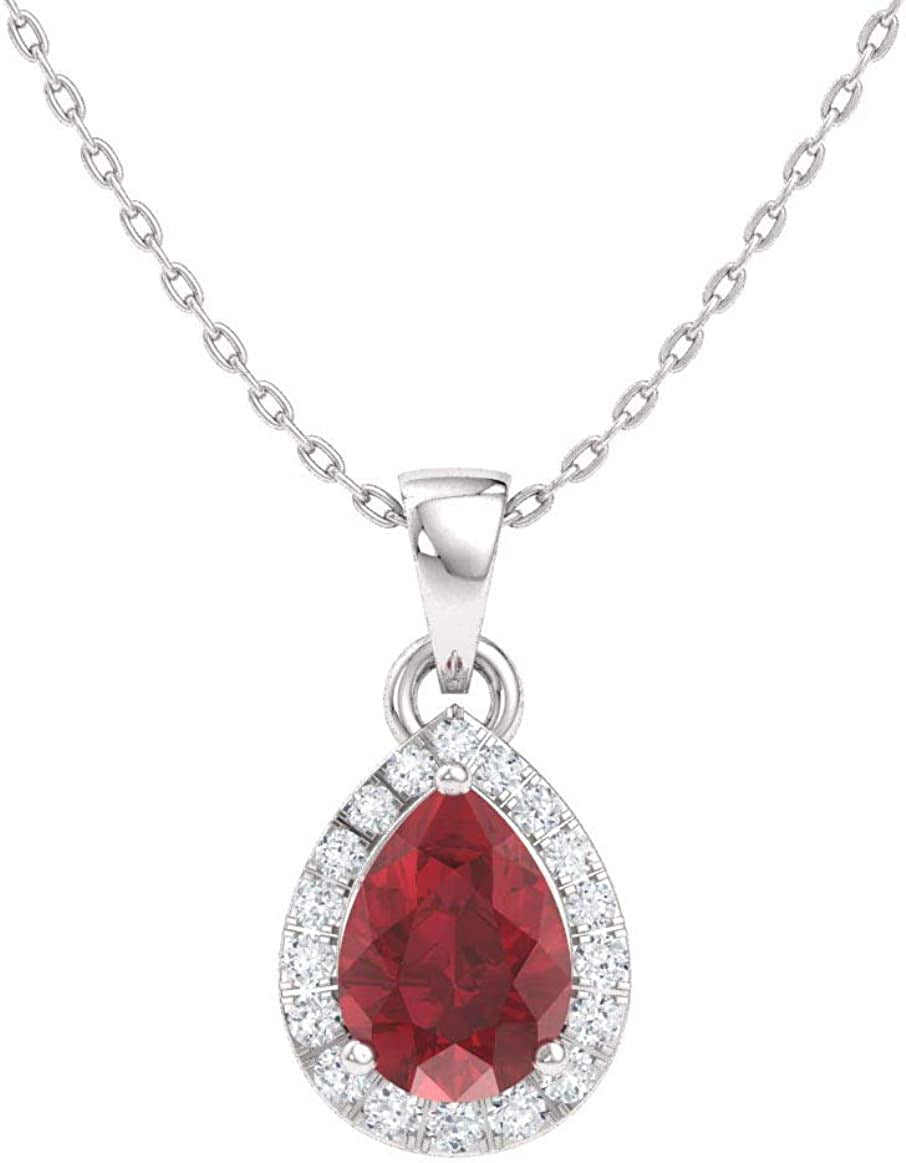 Natural and Certified Pear Cut Gemstone and Diamond Halo Drop Petite Necklace in