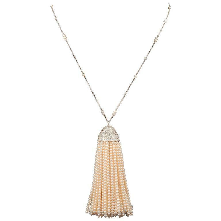 Pearl beads dangle diamond tassel hanging from a diamond by yard necklace 18 k