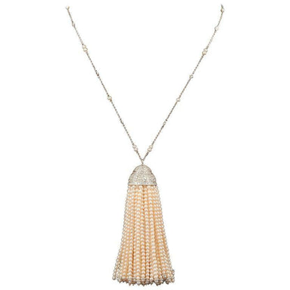 Pearl beads dangle diamond tassel hanging from a diamond by yard necklace 18 k
