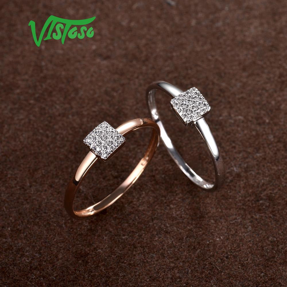 Pure 14K 585 Rose White Gold Sparkling Diamond Delicate Square Ring for Women