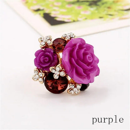Women'S Fashion Hand Ornaments Inlaid Rhinestones Personality Resin Roses Flower
