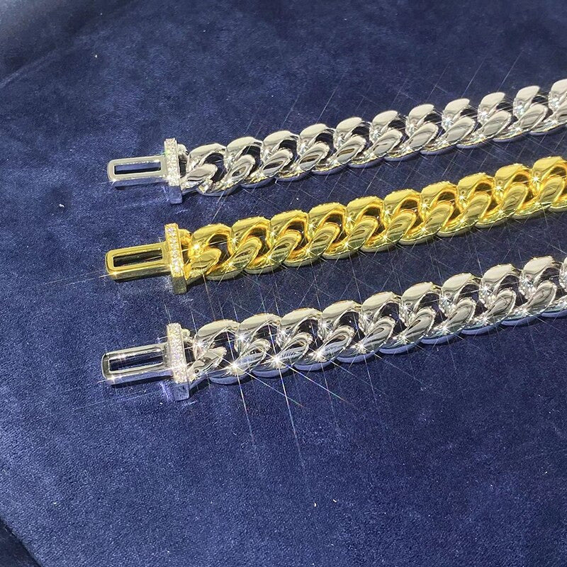 Hiphop 8-10Mm Stainless Steel Cuban Chain Necklace Pave Silver Moissanite Buckle