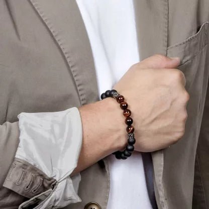 Spartan Sterling Silver and Red Tiger Eye with Black Agate Gents Bead Bracelet