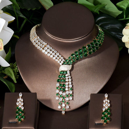 Fashion CZ Big Water Drop Green Color Women Bridal 2PCS Necklace