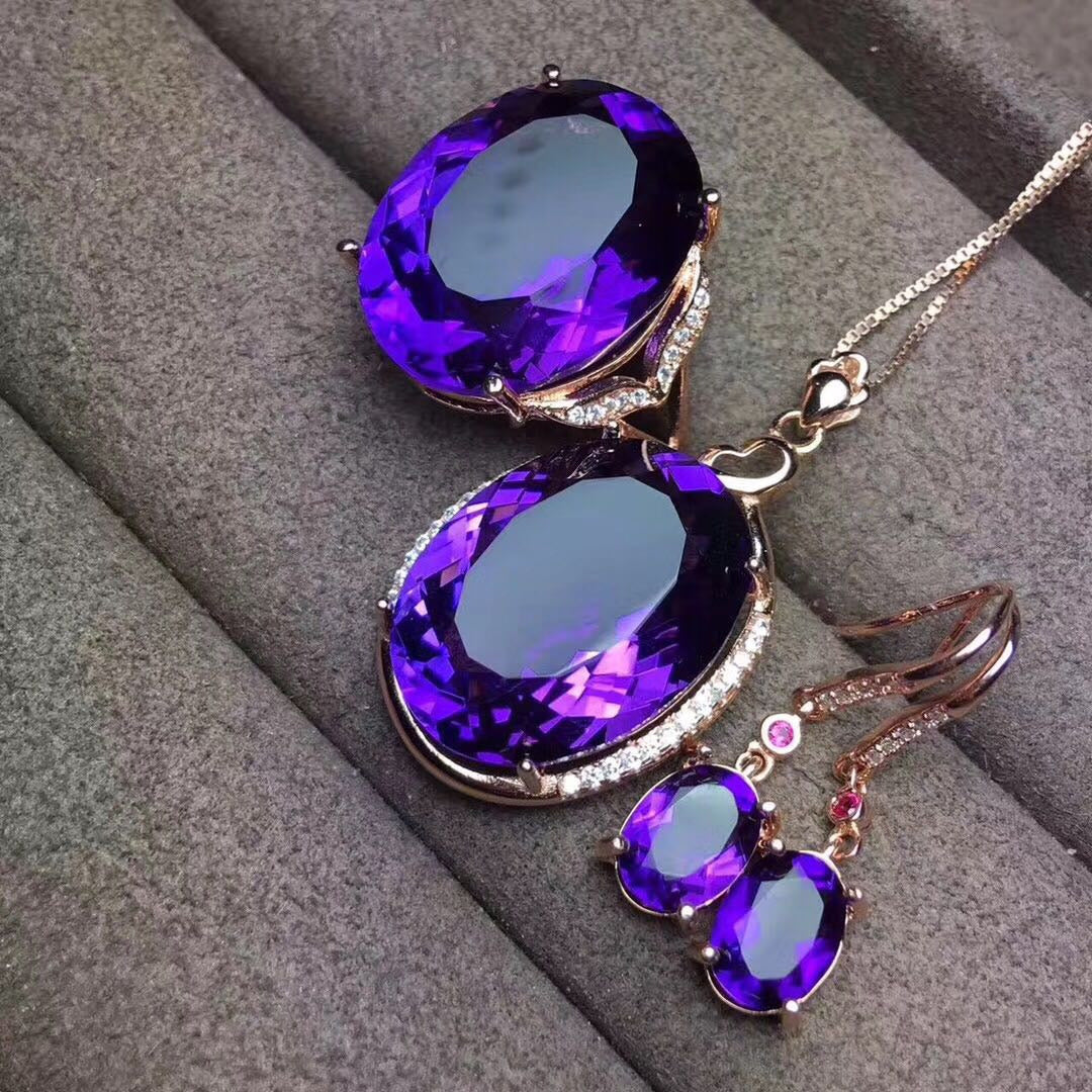 New Fashion Amethyst Set Ring Pendant Earrings Three-Piece Set