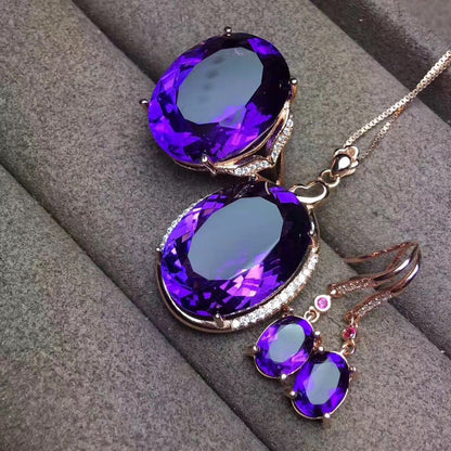 New Fashion Amethyst Set Ring Pendant Earrings Three-Piece Set
