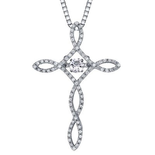 Dancing Created White Sapphire and 0.15 CT. T.W. Diamond Cross Pendant in Sterli