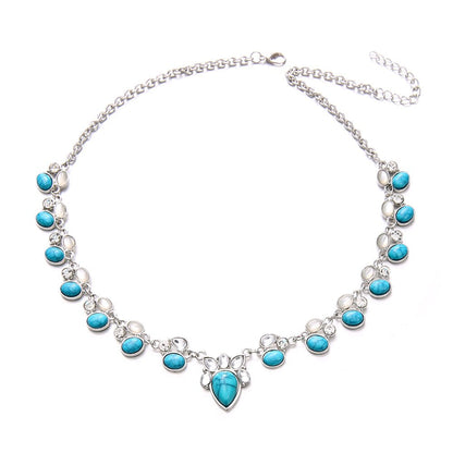 European and American Turquoise Opal Diamond Alloy Necklace