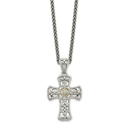 Shey Couture QTC1170 Sterling Silver with 14K Gold Diamond Cross Necklace, P