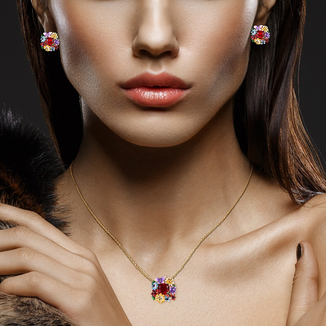 925 Sterling Silver Jewelry Set for Women Red Stone Colorful Flowers Earrings