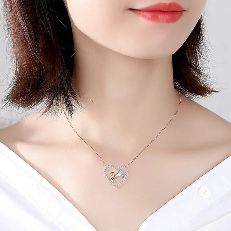 Girl and Horse Necklace for Women Girls Heart Diamond Pendant Necklace Horse Jew