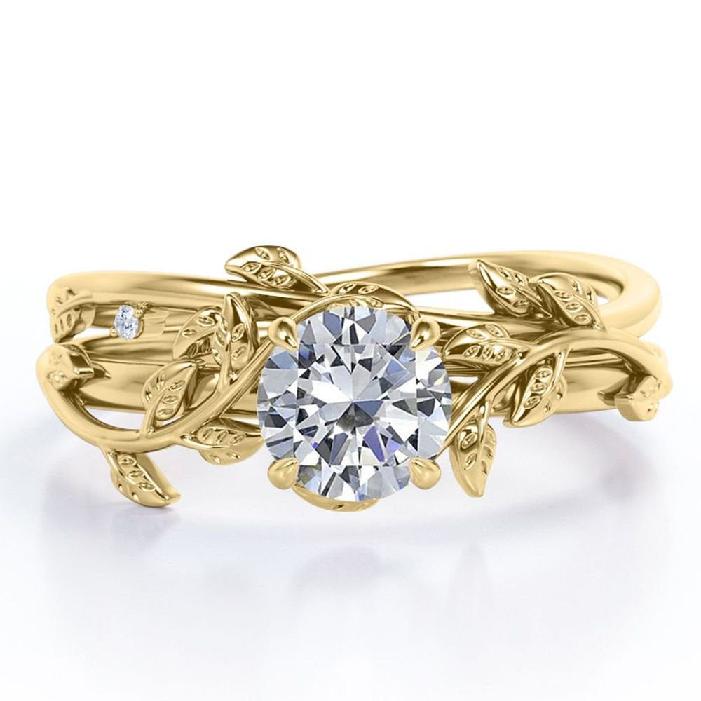 Half Carat round Real Diamond Bridal Set - Leaf and Vine Diamond Wedding Ring Se