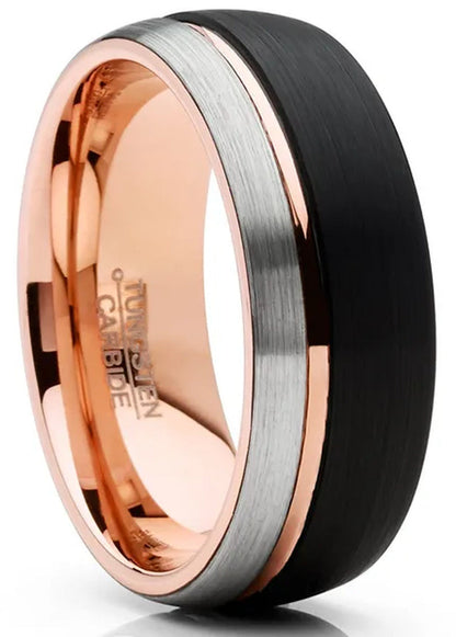 Mens Tungsten Ring Dome Wedding Band Tri-Color Groove Rose Goldtone Black Comfor