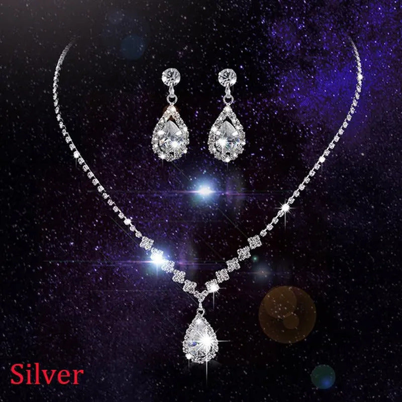 Wedding Silver Jewelry Set for Women Luxury Shiny Austrian Diamond Necklace Wate