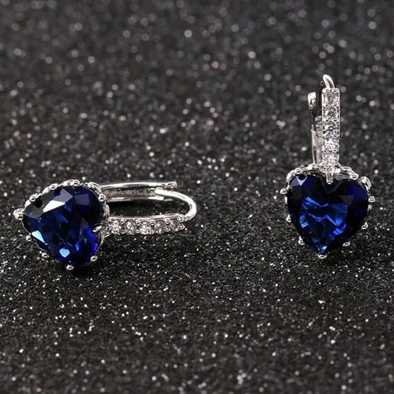 ZCM Womens Fashion Plated Earrings Sapphire Blue Crystal Heart Leverback Earring
