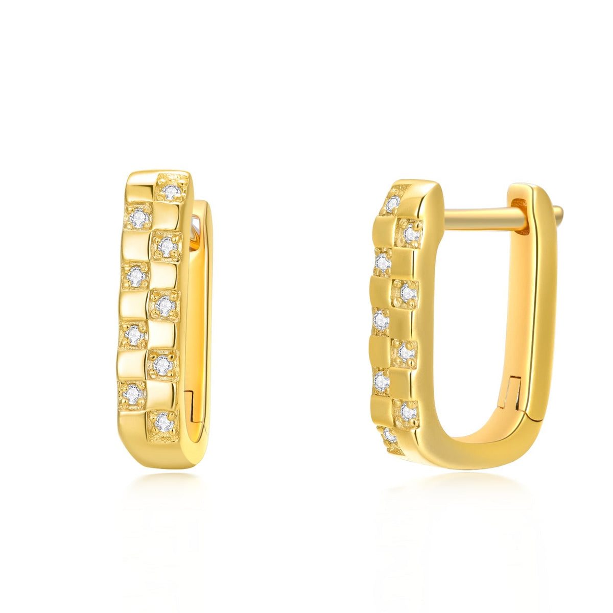 U-Shaped Hoop Earrings with Diamonds in Yellow Gold Plated Sterling Silver