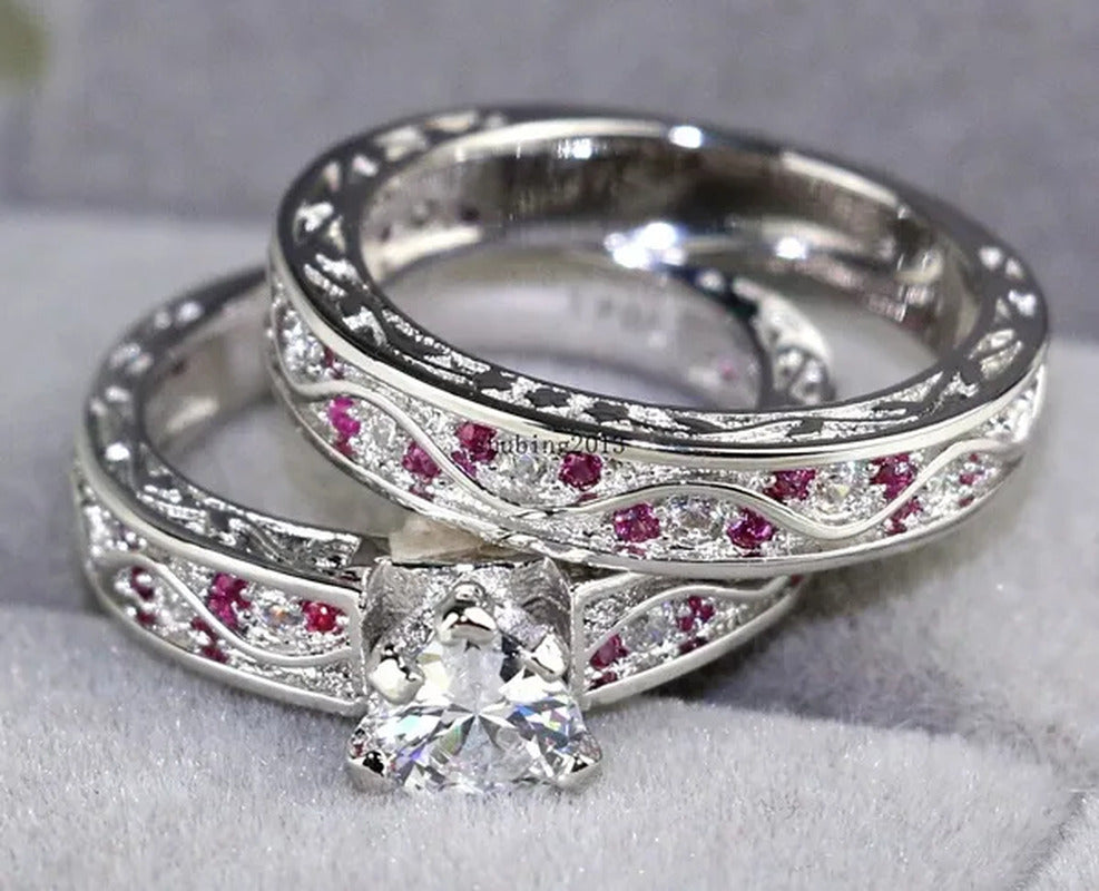 TWO RINGS Sz6-12 Couple Rings His Hers Ruby Heart Shape Cz Womens Ring Tungsten