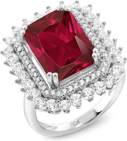 925 Sterling Silver Red Created Ruby Women'S Ring (8.60 Cttw, Emerald Cut 14X10M