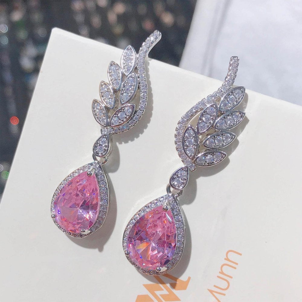 Gold Plated Jewelry Earrings Inlaid with Water Droplets Pink Diamond Earrings Fe