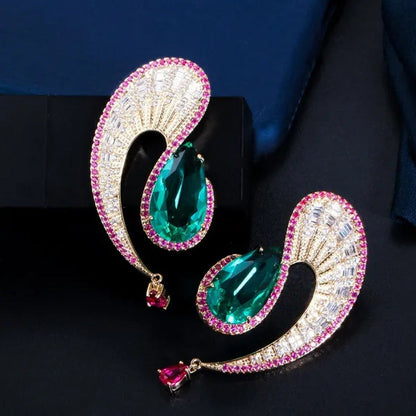 CANDICE Noble Micro Pave Tiny CZ Diamond Unique Leaf Shape Earrings with Emerald