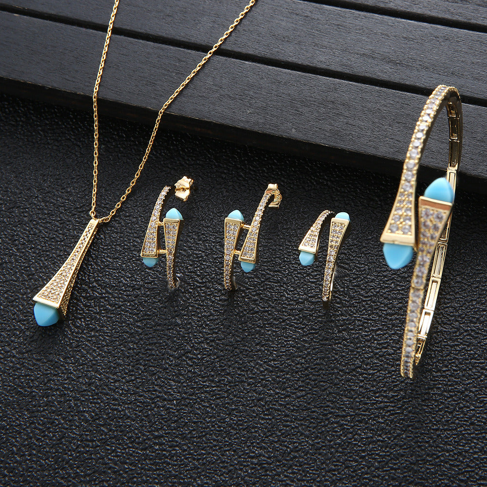 Vintage Turquoise Full Zirconium Necklace Earrings Ring Bracelet 4 Piece Set Wom