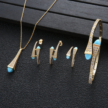 Vintage Turquoise Full Zirconium Necklace Earrings Ring Bracelet 4 Piece Set Wom