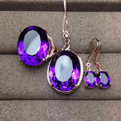 New Fashion Amethyst Set Ring Pendant Earrings Three-Piece Set