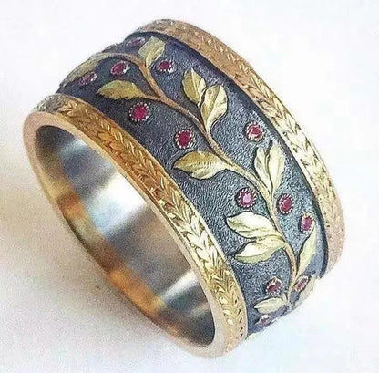 Newest Elegant Retro Yellow Gold Two Tone Ruby Gemstone Rings Wedding Band Engag