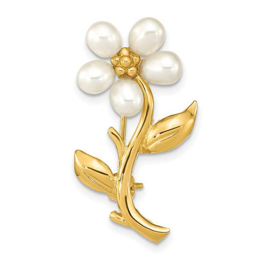14 Karat Yellow Gold 4-5Mm Rice White Freshwater Cultured Pearl Flower Brooch