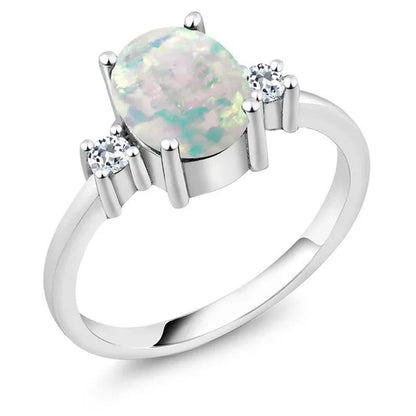 1.76 Ct Oval Cabochon White Simulated Opal White Topaz 925 Sterling Silver Ring