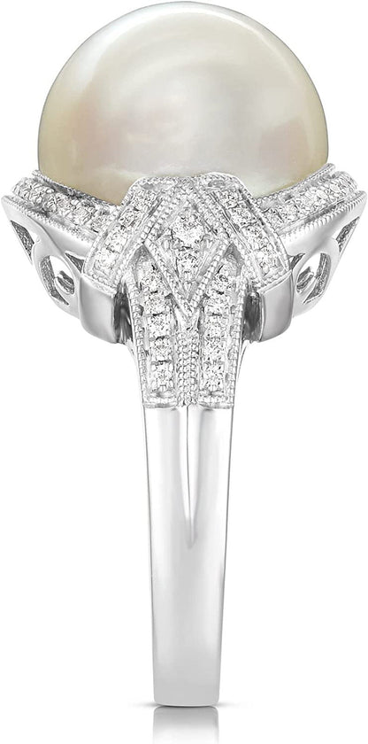 14K White Gold 13Mm South Sea Pearl Elegant Ring with 1/3Ct Diamonds