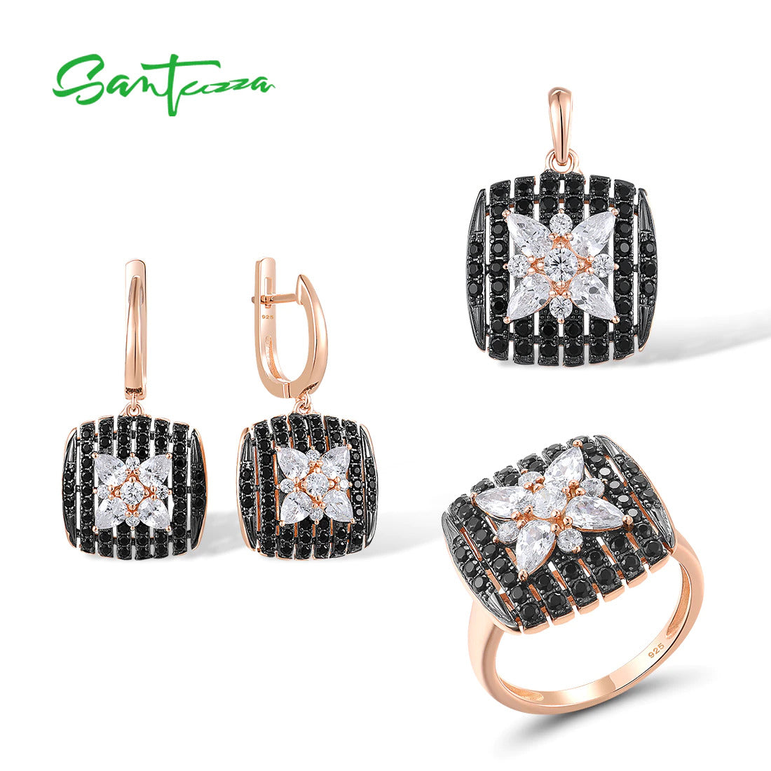 925 Sterling Silver Jewelry Set for Women Sparkling Black Spinel White CZ