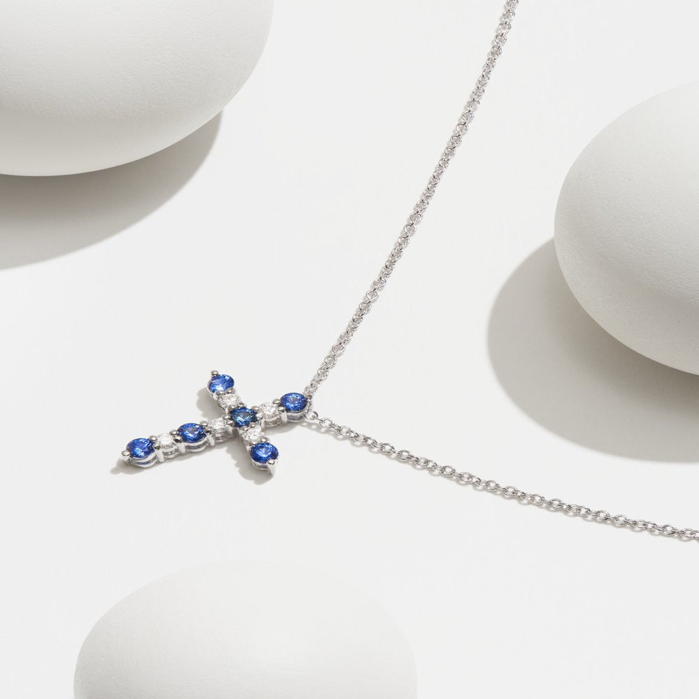 Forever Facets 1/8 CT TW Lab Grown Diamond and Created Sapphire Cross Necklace H