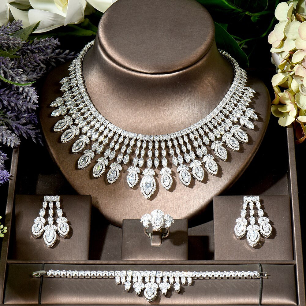 Luxury White Gold Color AAA Cubic Zircon Statement Jewelry Sets Earring