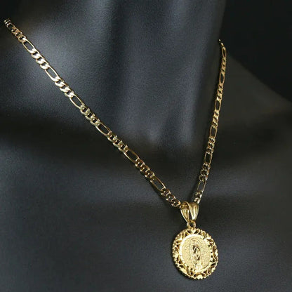 18K Gold Plated Lovely round Virgen De Guadalupe Pendant 5Mm 18" Virgin Mary Fig