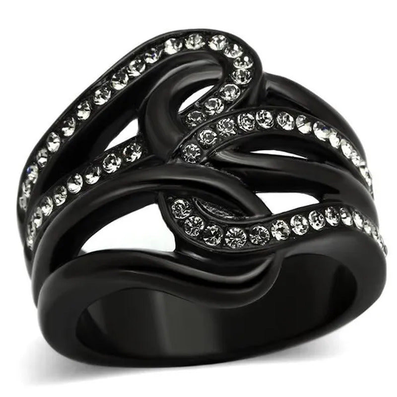 Women IP Black Stainless Steel Ring with Top Grade Crystal in Black Diamond - Si
