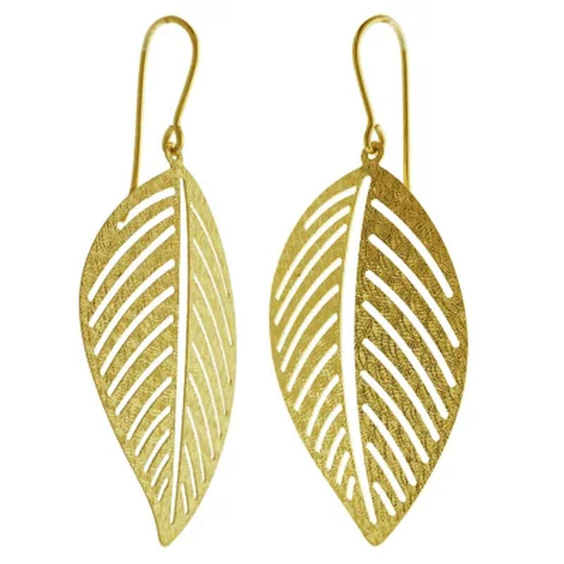 14K Italian Yellow Gold Textured Leaf Earrings