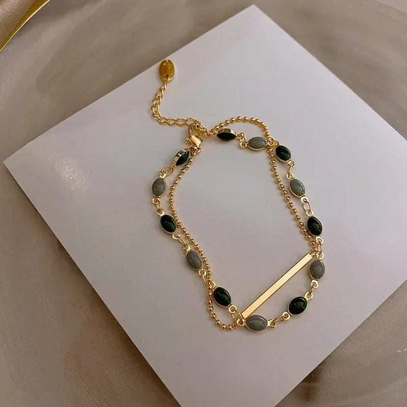Blue Green Color Crystal Charm Bracelets for Women Gold Color Beaded Chain Doubl
