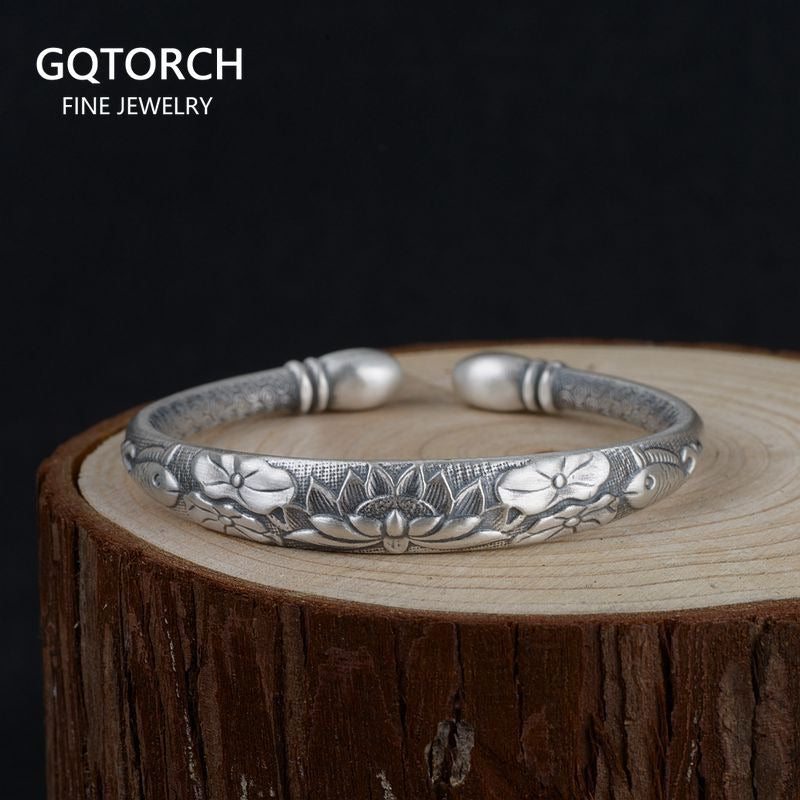 Tibetan Six Words Mantra Vintage Silver Bangles for Women Openable Fish Lotus Bu