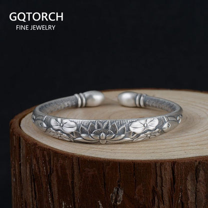 Tibetan Six Words Mantra Vintage Silver Bangles for Women Openable Fish Lotus Bu