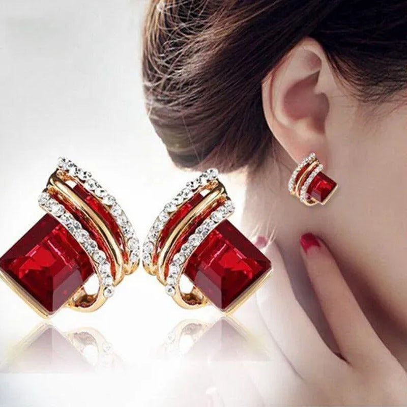 Fashion Temperament Women'S Cubic Zirconia Earrings Large Red Zircon Stud Earrin