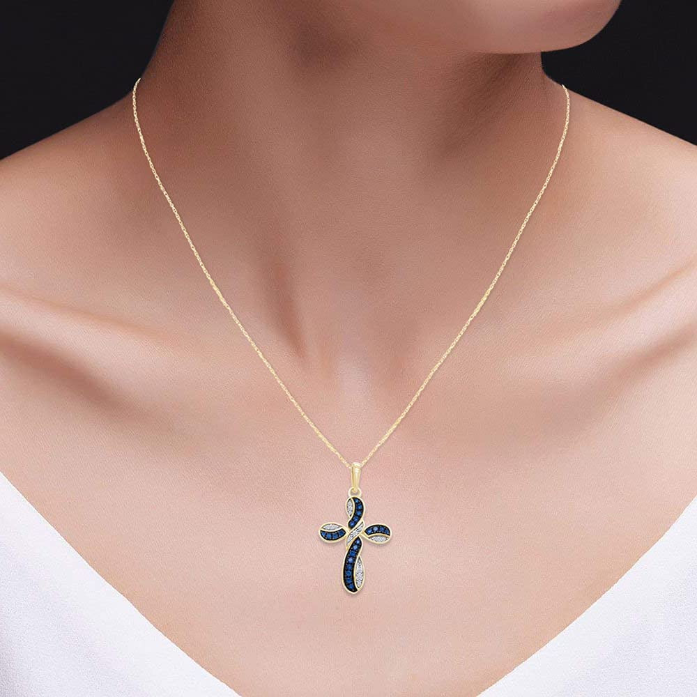 round Simulated Blue Sapphire & White Cubic Zirconia Cross Pendant Necklace in 1